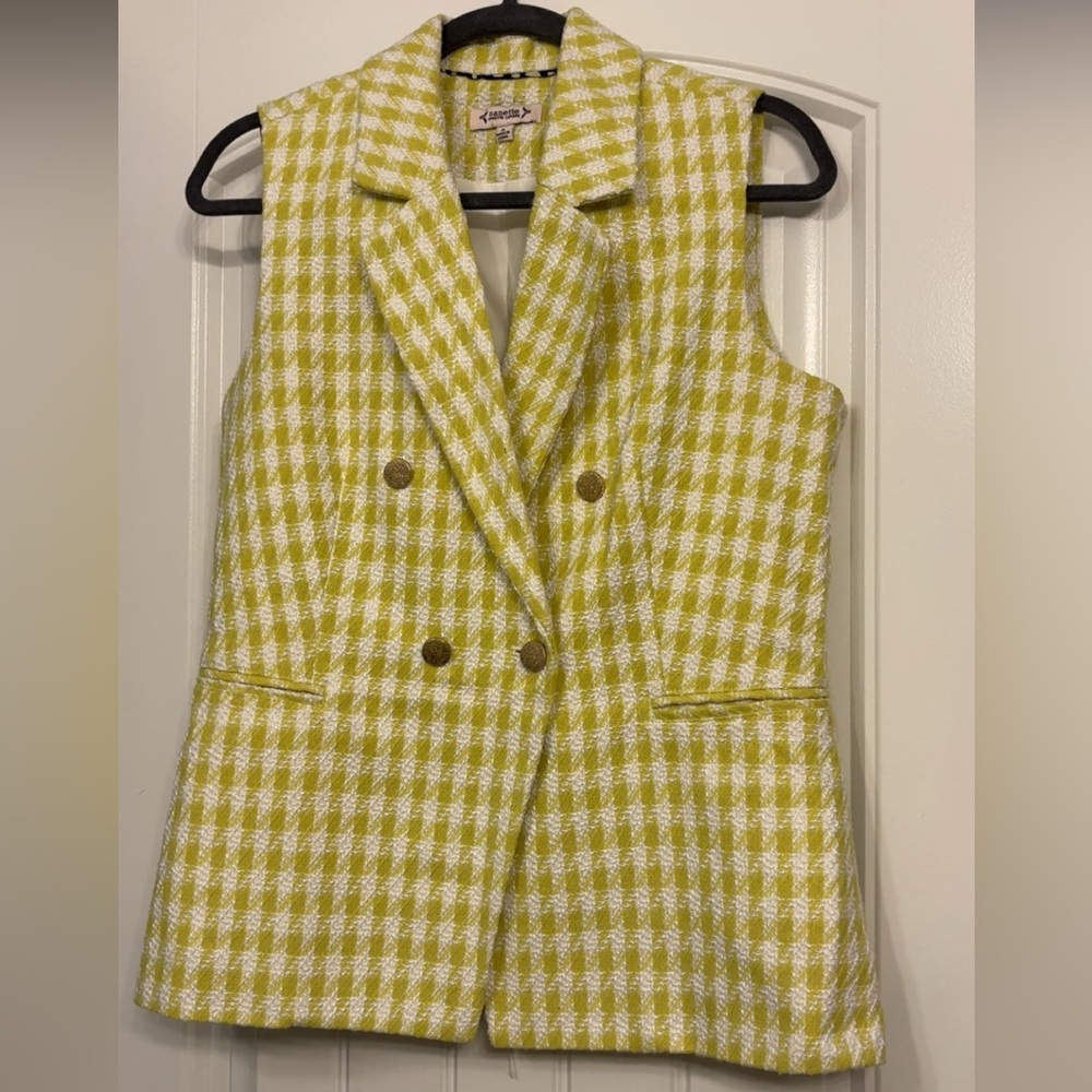 Sleeveless Double-Breasted Houndstooth Vest - Yellow & White